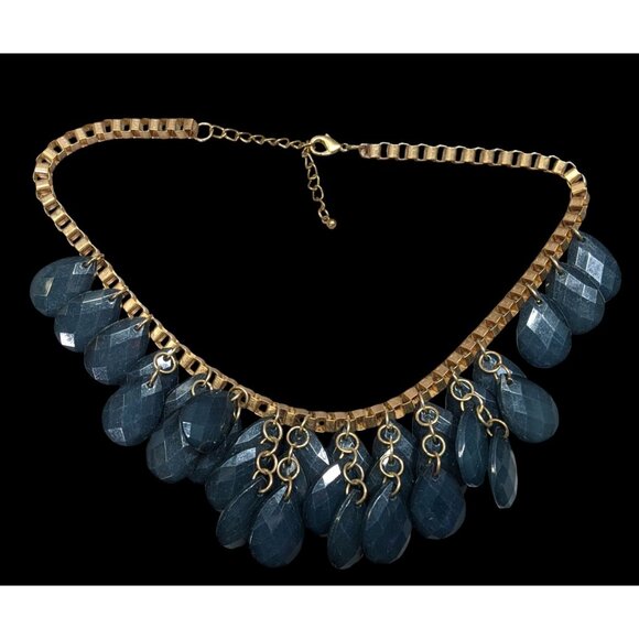 Y2K Glam Navy And Gold Tone Teardrop Fringe Necklace - Picture 1 of 8